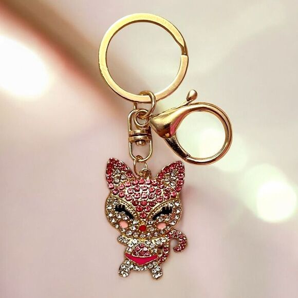⭐️3/$25⭐️ Pink Rhinestone Cat Gold Tone Key Chain Bag Charm NWT - Picture 1 of 2